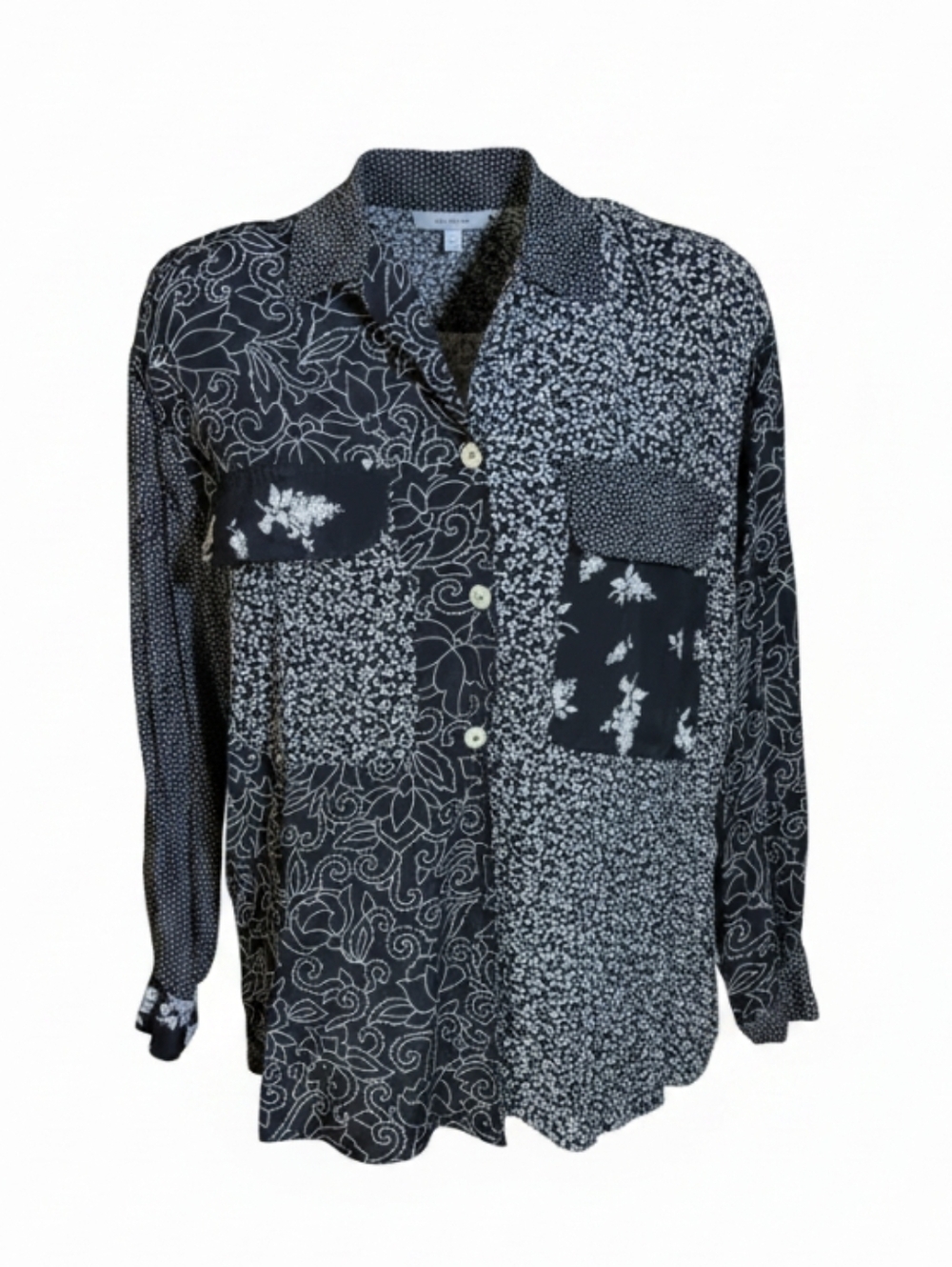 Vtg 90s Carole Little Black Mixed Prints Button-Down Long Sleeves Big Shirt XL